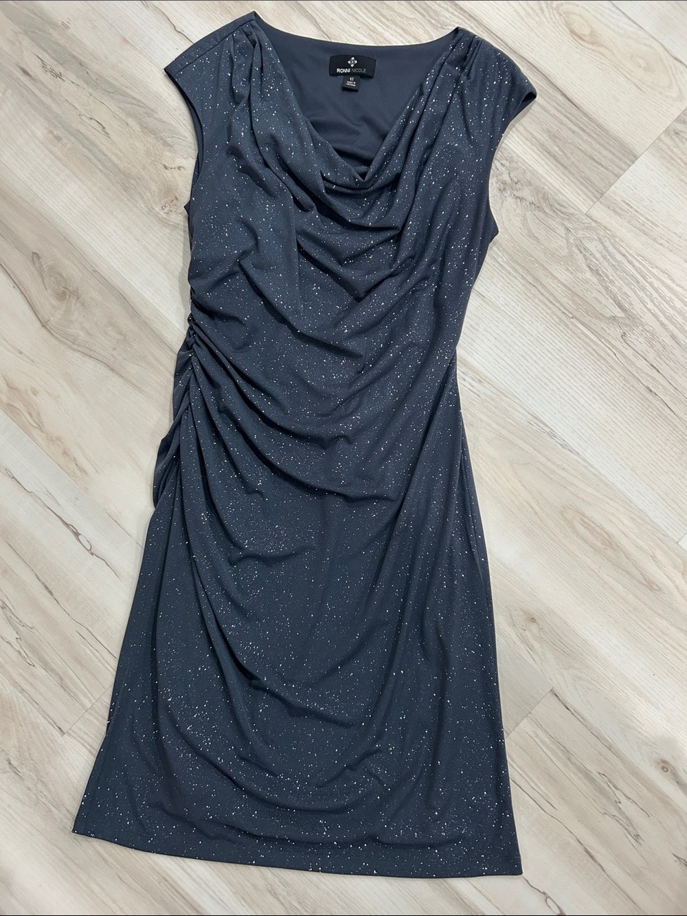 Ronni Nicole Black Sparkle Cowl Neck Ruched Dress